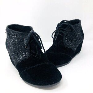 TOMS Boots Womens 7 Kala Black Suede Desert Wedge Heel Ankle Bootie Tweed Casual
